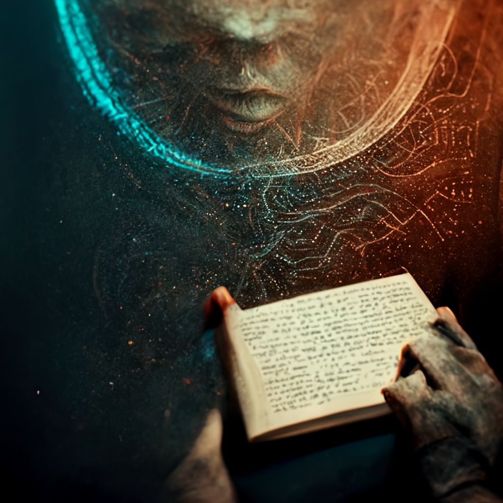 Como representar as coisas? 2 Imagem ilustrada, gerada por inteligência artificial, de uma mão segurando um livro, em primeira pessoa, mostrando uma página para uma figura enigmática, quase humana.